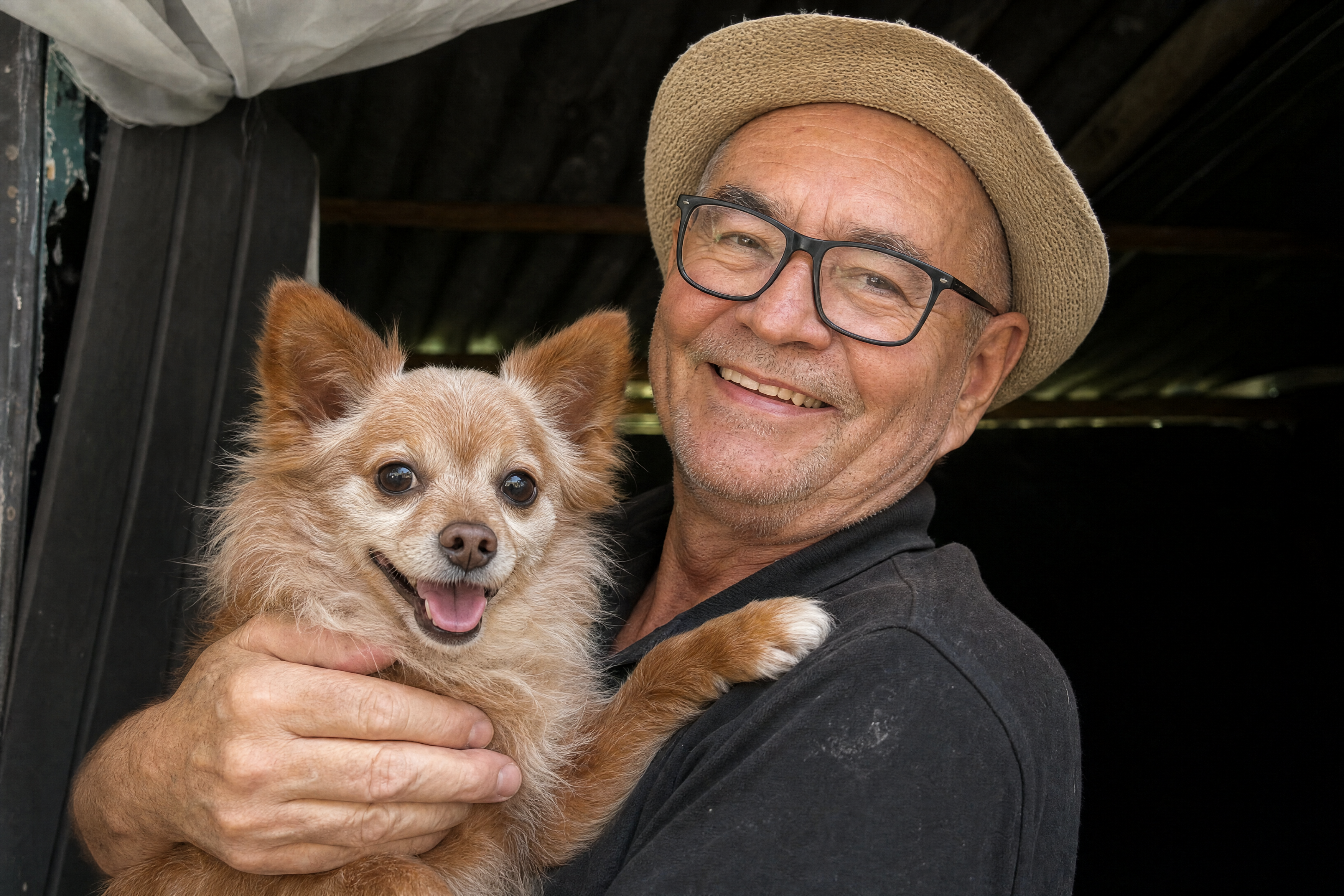 Don Carlitos con uno de los perritos rescatados