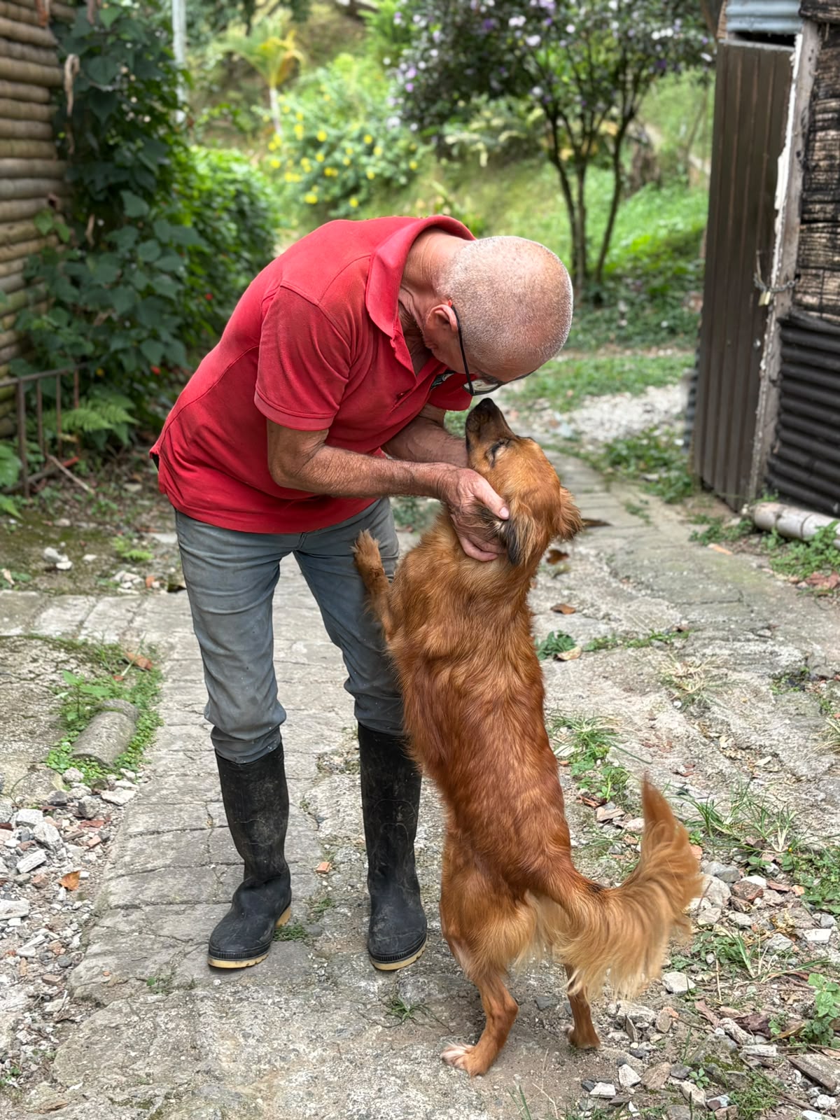 Don Carlitos saludando a uno de los perritos rescatados